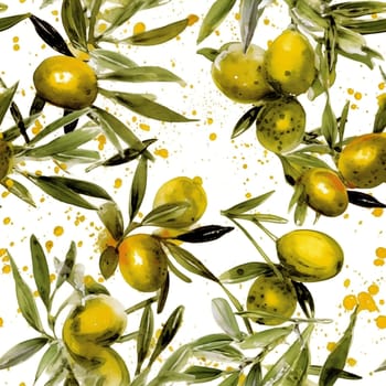 Olives seamless pattern color sketch style hand-drawn background, olive branches with leaves on white background. Italian food. ai