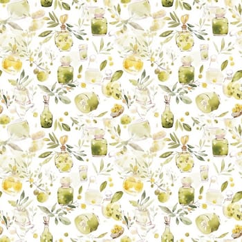 Olives seamless pattern color sketch style hand-drawn background, olive branches with leaves on white background. Italian food. ai