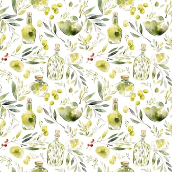 Olives seamless pattern color sketch style hand-drawn background, olive branches with leaves on white background. Italian food. ai