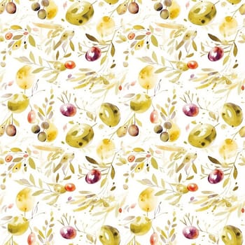 Olives seamless pattern color sketch style hand-drawn background, olive branches with leaves on white background. Italian food. ai