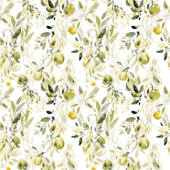 Olives seamless pattern color sketch style hand-drawn background, olive branches with leaves on white background. Italian food. ai