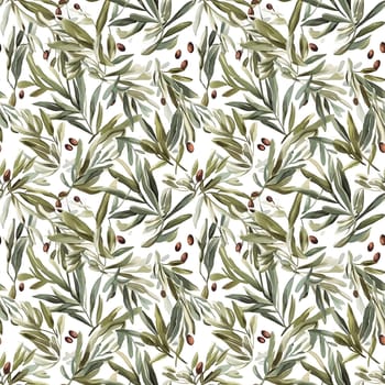 Olives seamless pattern color sketch style hand-drawn background, olive branches with leaves on white background. Italian food. ai