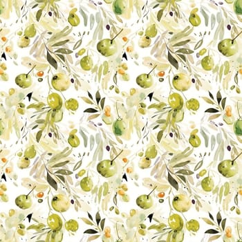 Olives seamless pattern color sketch style hand-drawn background, olive branches with leaves on white background. Italian food. ai