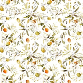 Olives seamless pattern color sketch style hand-drawn background, olive branches with leaves on white background. Italian food. ai