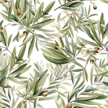 Olives seamless pattern color sketch style hand-drawn background, olive branches with leaves on white background. Italian food. ai