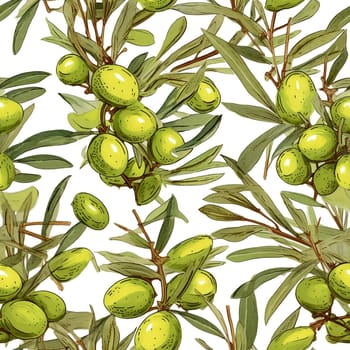 Olives seamless pattern color sketch style hand-drawn background, olive branches with leaves on white background. Italian food. ai