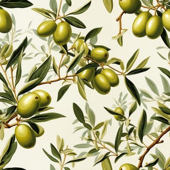 Olives seamless pattern color sketch style hand-drawn background, olive branches with leaves on white background. Italian food. ai