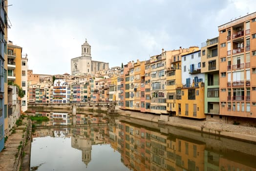 View of old town Girona, Catalonia, Spain, Europe. Summer travel.