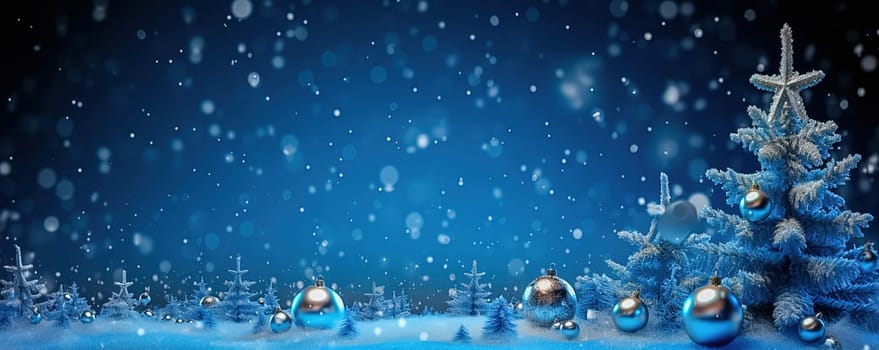 Snowy, blue Christmas background. Gentle flying snow. Generative AI. High quality illustration