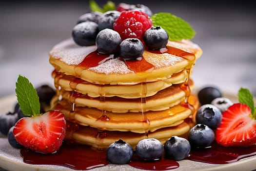 A stack of small pancakes with berries. Generative AI. High quality illustration