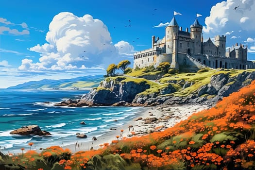 Castle on the banks of a river in Scotland. Generative AI. High quality illustration