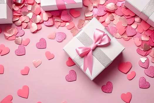 Gift boxes with pink bows and hearts. Generative AI. High quality illustration