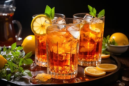 Traditional iced tea with lemon in tall glasses. Generative AI. High quality illustration