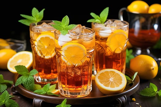 Traditional iced tea with lemon in tall glasses. Generative AI. High quality illustration