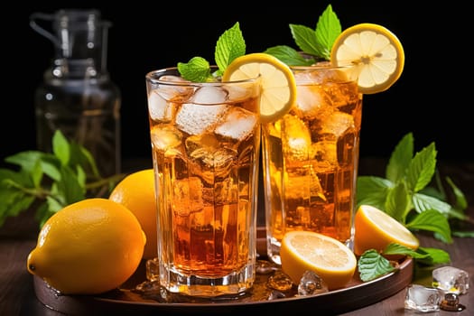 Traditional iced tea with lemon in tall glasses. Generative AI. High quality illustration