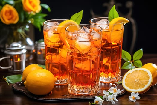 Traditional iced tea with lemon in tall glasses. Generative AI. High quality illustration