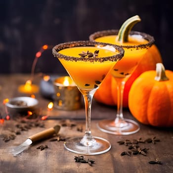 Tykkintini Pumpkin Martini cocktail for autumn and Halloween parties. Generative AI. High quality illustration