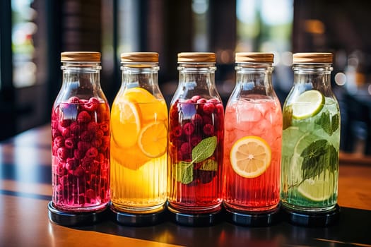 Fruity soft drinks in bottles. Generative AI. High quality illustration