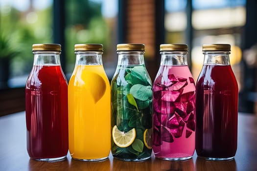 Fruity soft drinks in bottles. Generative AI. High quality illustration