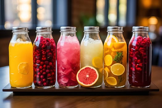 Fruity soft drinks in bottles. Generative AI. High quality illustration