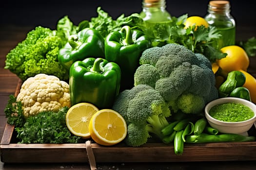 Variety of green vegetables and fruits in a crate on the table. Generative AI. High quality illustration