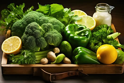 Variety of green vegetables and fruits in a crate on the table. Generative AI. High quality illustration