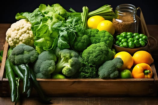Variety of green vegetables and fruits in a crate on the table. Generative AI. High quality illustration