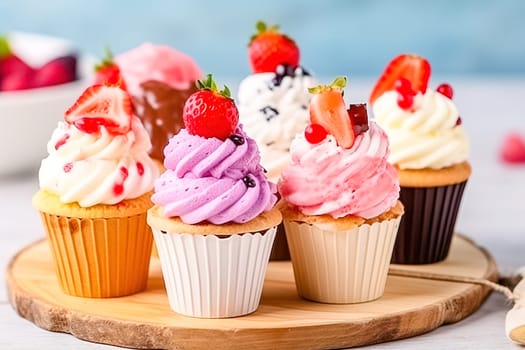 Muffins with cream and berries. Generative AI. High quality illustration