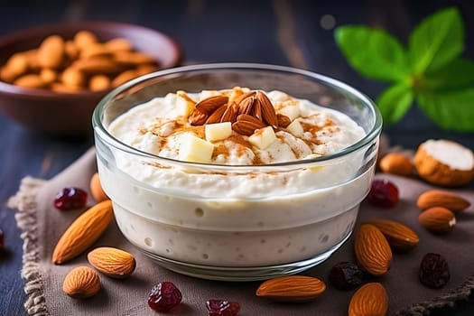 Vegan banana and oatmeal smoothie in a glass bowl. Healthy. Generative AI. High quality illustration