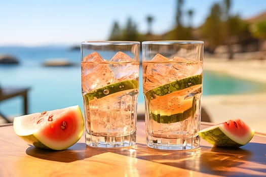 Watermelon drink in glasses with watermelon slices. Generative AI. High quality illustration