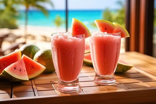 Watermelon slushie with lime, summer refreshing drink in tall glasses. Generative AI. High quality illustration