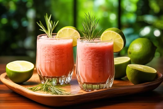 Watermelon slushie with lime, summer refreshing drink in tall glasses. Generative AI. High quality illustration