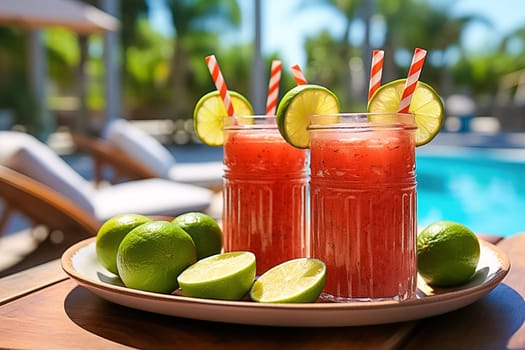 Watermelon slushie with lime, summer refreshing drink in tall glasses. Generative AI. High quality illustration