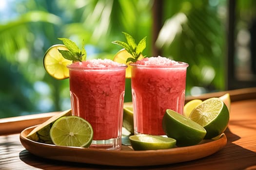 Watermelon slushie with lime, summer refreshing drink in tall glasses. Generative AI. High quality illustration