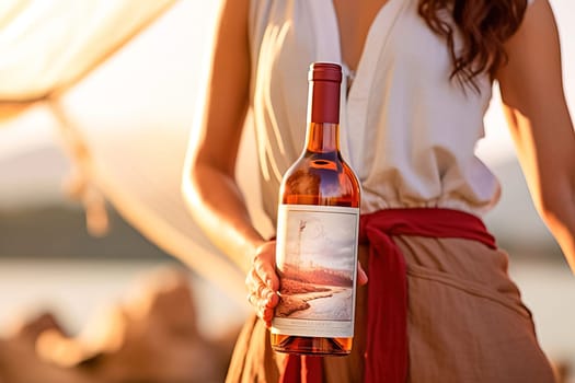 Woman's hands holding a bottle of red wine with a white label. Generative AI. High quality illustration