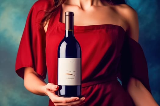 Woman's hands holding a bottle of red wine with a white label. Generative AI. High quality illustration