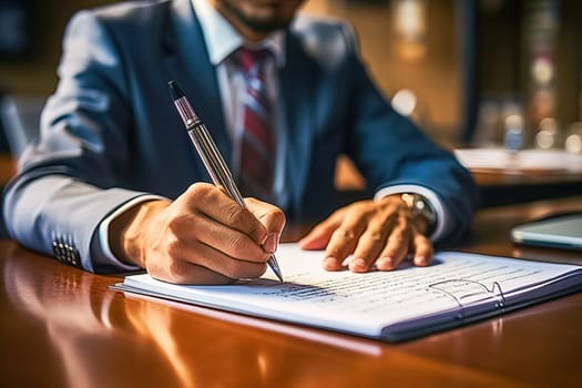 Male director signs documents in his office. Generative AI. High quality illustration