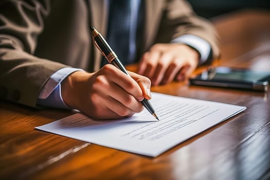 Male director signs documents in his office. Generative AI. High quality illustration