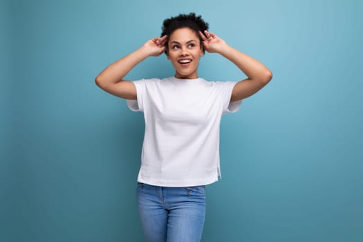 latin young woman dressed in white t-shirt with space for branding.