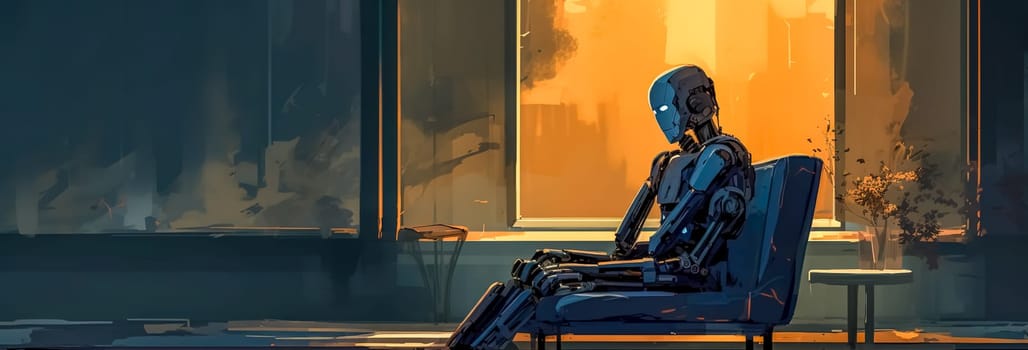 lonely abandoned robot in an old apartment, made with Generative AI. High quality illustration