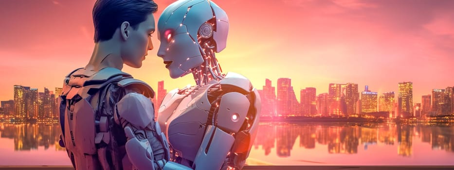 robot couple in love on a viewpoint with a panorama of a modern city, made with Generative AI. High quality illustration