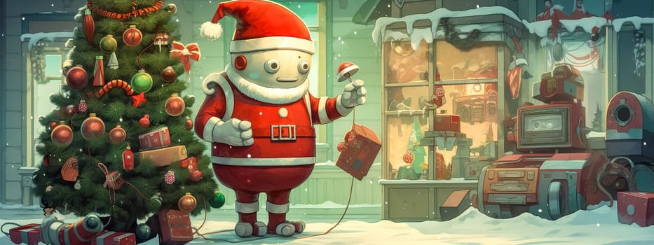a robot dressed as Santa Claus with a gift, banner made with Generative AI. High quality illustration