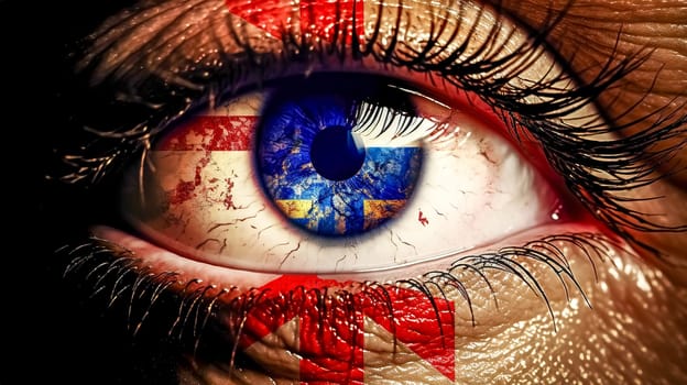 close-up of a human eye with a colorful drawing of the elements of the British flag, made with Generative AI. High quality illustration