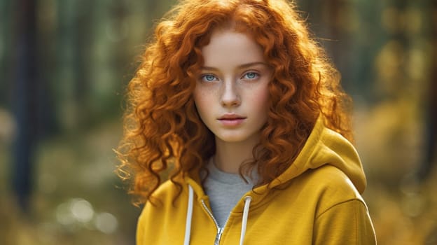 Portrait of a young girl with red curly hair in the forest, front view