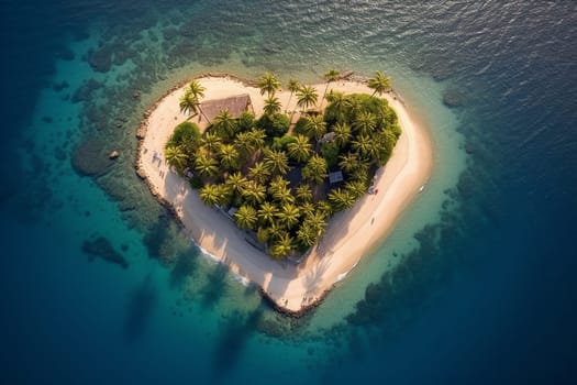An island in the ocean with heart-shaped palm trees, top view