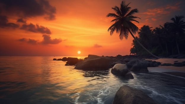 Sunset with clouds over the coast with palm trees and stones