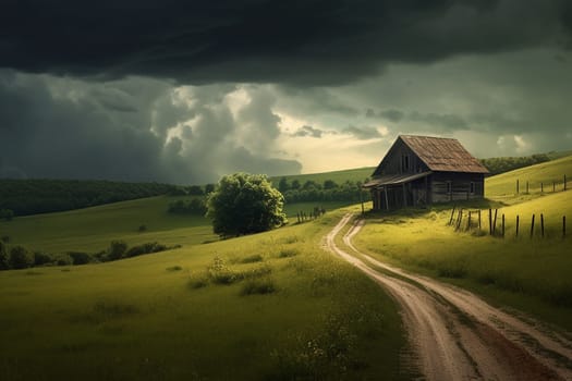 A lonely wooden house by a dirt road and a cloudy grey sky