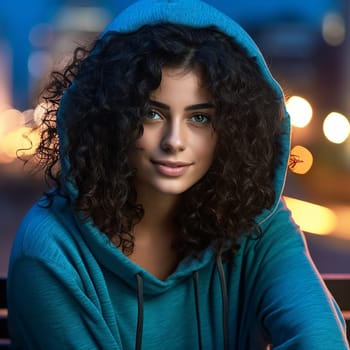 Portrait of a young woman with black hair in a blue hoodie, front view