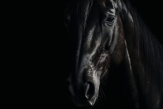 Black horse head portrait on black background, image generated by ai