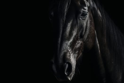 Black horse head portrait on black background, image generated by ai